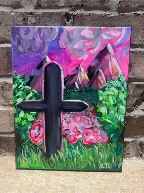 Original Hand Painted Floral Cross Canvas Art in Pink and Green